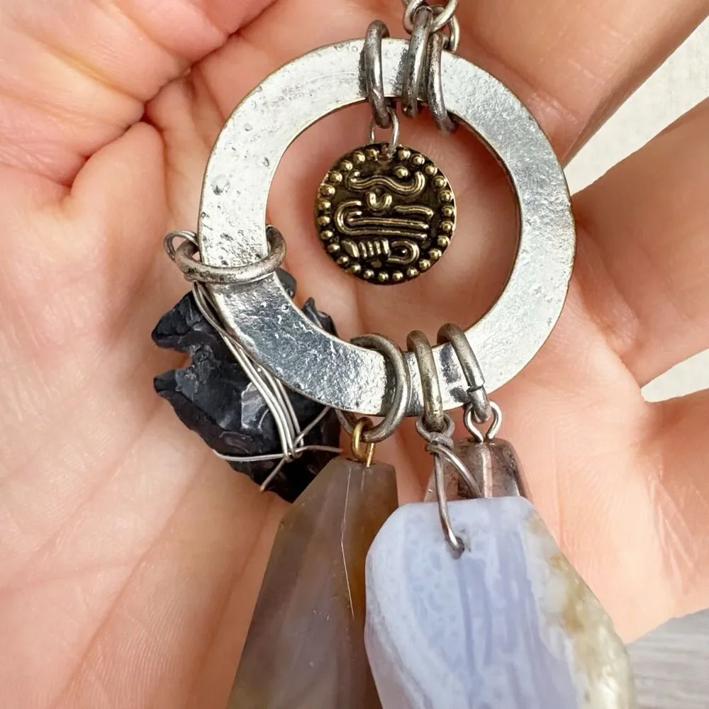 Stone Arrowhead Charm Necklace Bohemian Boho Silver Tone Long Statement